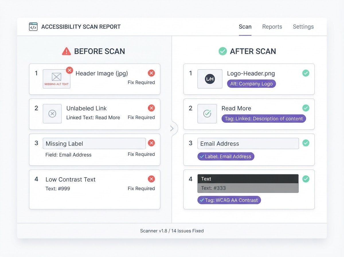 Mockup of the AltGenie accessibility scanner showing a before column with red warning icons on broken image thumbnails and an after column with green mint checkmarks and violet alt-text tags on healed images.