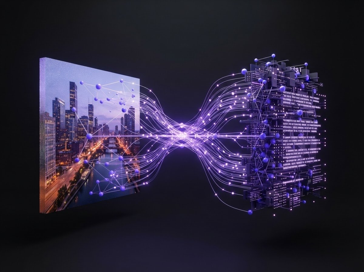 Abstract 3D illustration showing glowing violet data nodes connecting a product image block to a generated text block, representing AltGenie generating context-aware alt text from WooCommerce product data.
